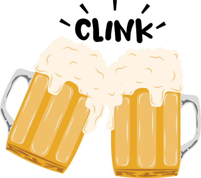 An illustration by Sian Williams of two mugs of beer clinking against each other