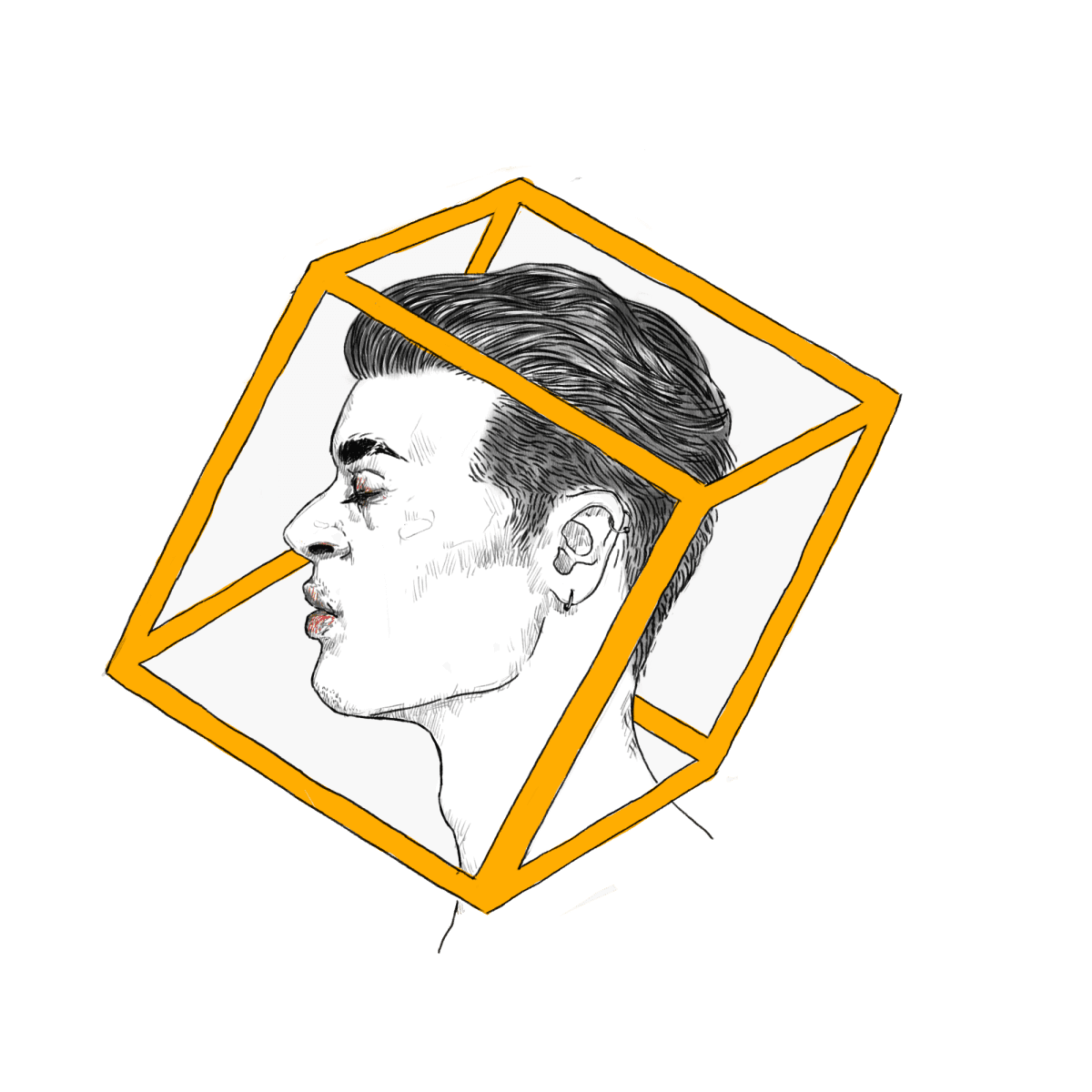 Drawing of a man surrounded by a yellow box.