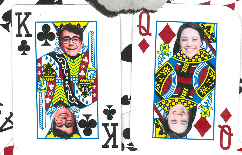 Cameron Allan and Eleanor Kay's heads photoshopped on playing cards, with the title 'who will be crowned'