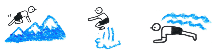 illustration of three figures; one running up a mountain, one doing squats and another doing push-ups