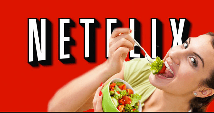 netflix logo with a person eating salad in front