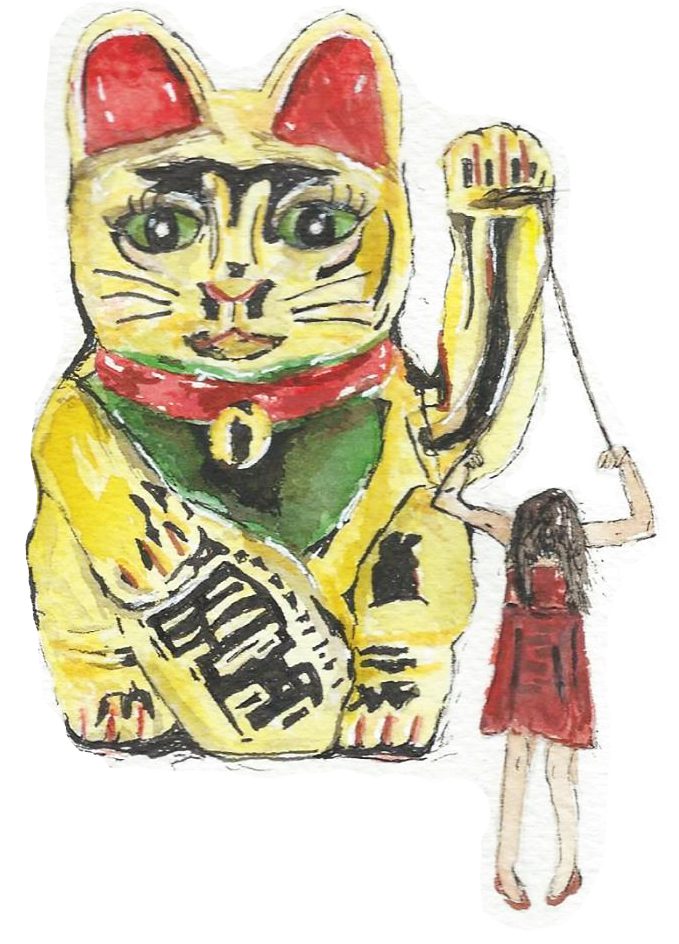 Illustrated lucky cat with a female presenting person in a red dress.