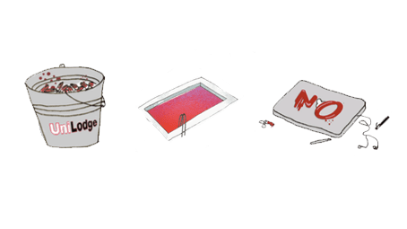 Three illustrations, one a bucket saying unilodge with tampoons inside, one a swimming pool full of blood, another a mattress with the word 'no'