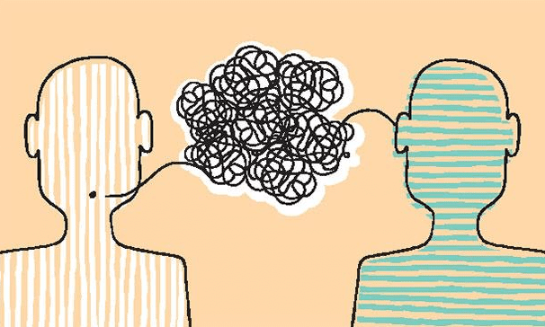 Illustration of the outline of two people with a strong going form one's mouth to the other's ear, becoming tangled in the space between them