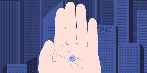 illustration of a hand holding a small pill with 'soma' written on it.