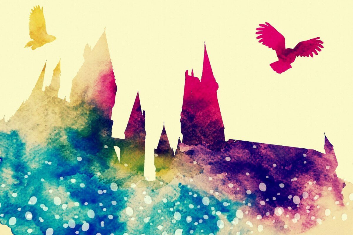 A colourful depiction of Hogwarts with an owl flying away from the building.
