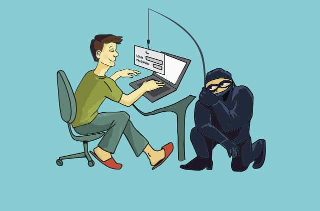 illustration of a burglar with a fishing rod stealing someone's computer screen