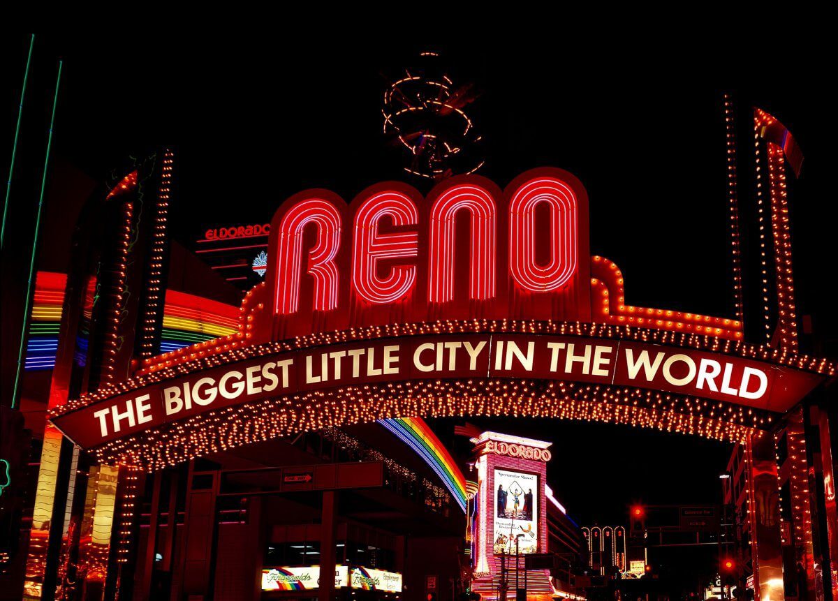 A picture of the outside of Reno Nevada. The text reads: RENO the biggest little city in the world.