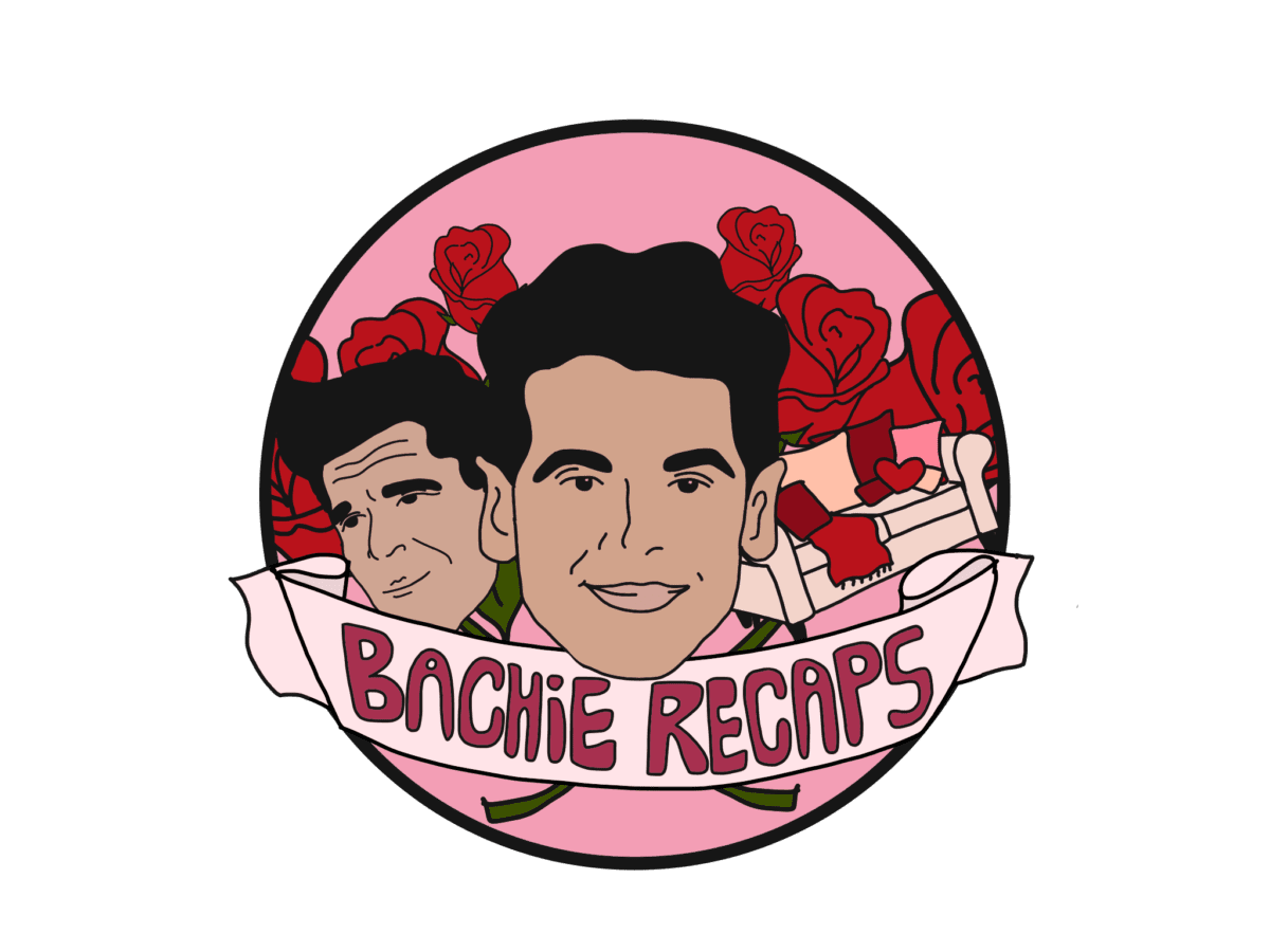 An illustrated graphic of the Bachelor featuring two men and a dozen red roses behind them. Text reads: Bachie Recaps