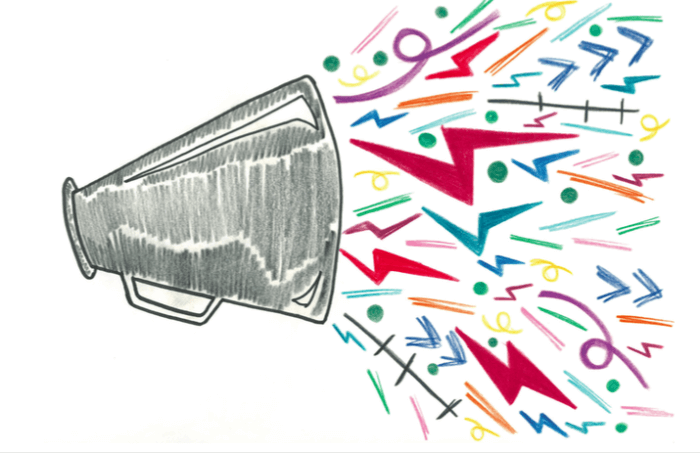 illustration of a megaphone with coloured shapes coming out