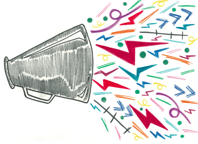 illustration of a megaphone with coloured shapes coming out