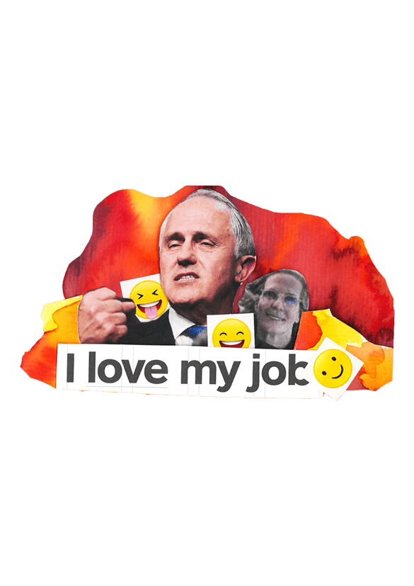 Collage in red, orange, and yellow with photos of Malcolm and Lucy Turnbull, and smiley face emojis.