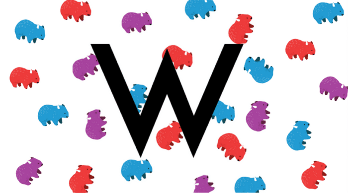 The Woroni logo on a background of blue, purple, and red wombats
