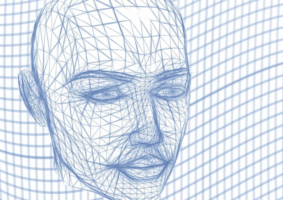 A digitised human head in 3-D with blue outlines.