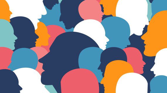 A colourful illustration of silhouettes of heads in a crowd