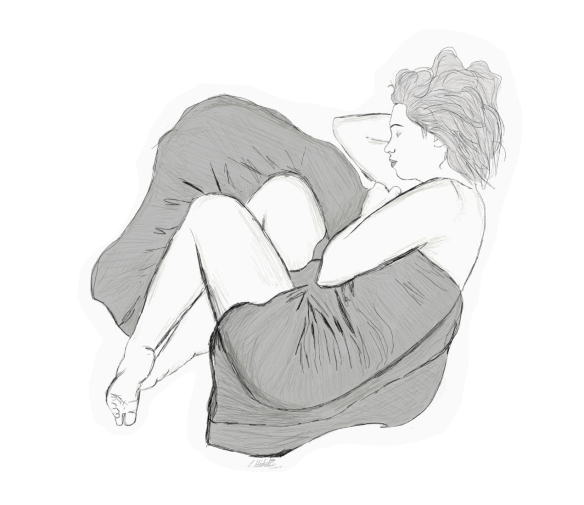 A black and white illustration of a woman curled up in bed with a blanket covering her.