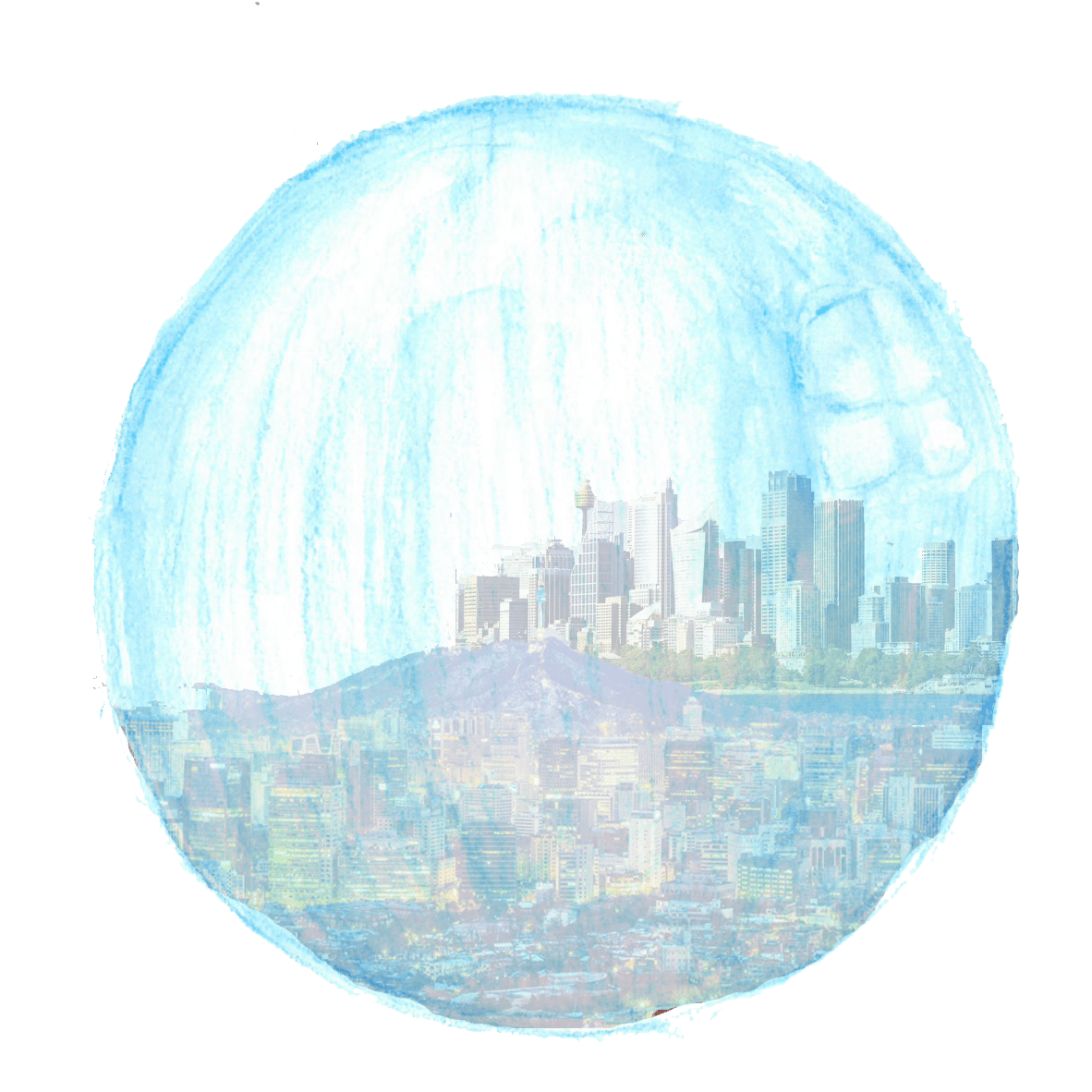 illustration of a bubble with the skylines of Sydney and Seoul inside