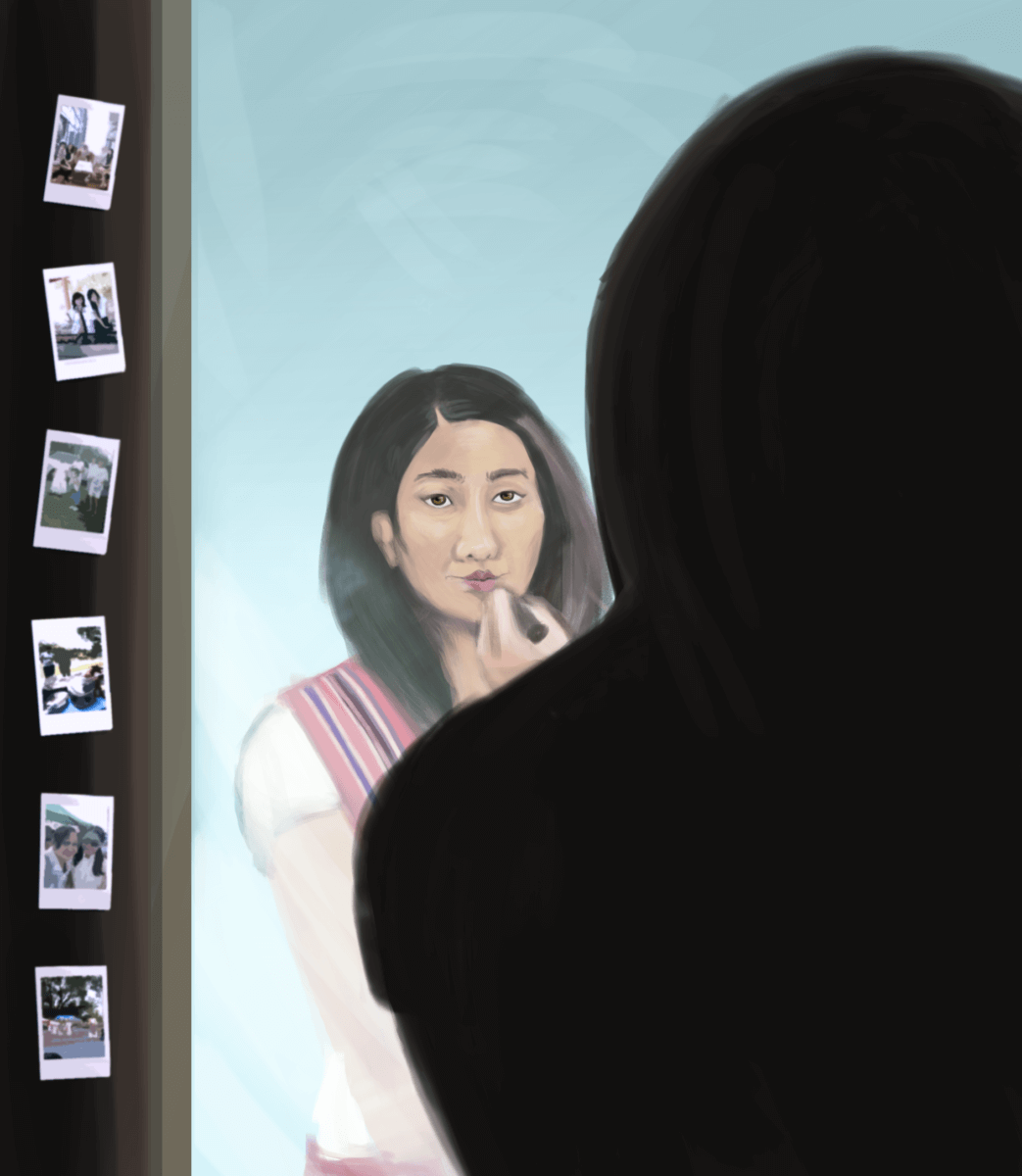 painting of a girl looking at her reflection in the mirror, with polariods on the side of the