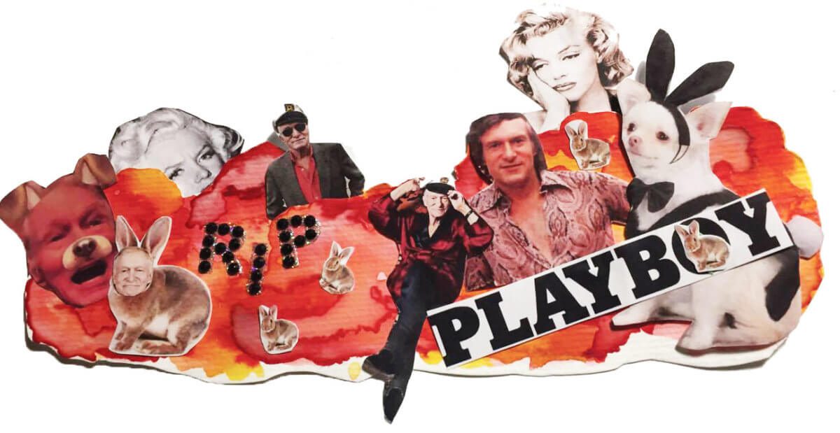 Collage in red showing 'Playboy' logo, Hugh Hefner and Marilyn Monroe.