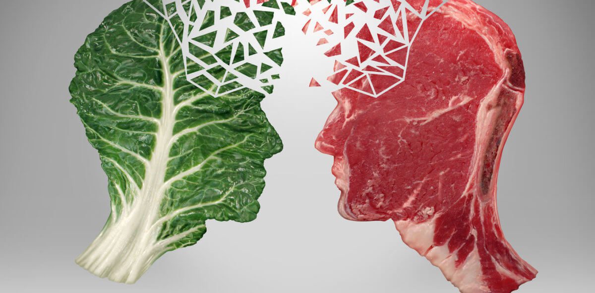 a spinach leaf and raw steak both in shape of a head silhouette