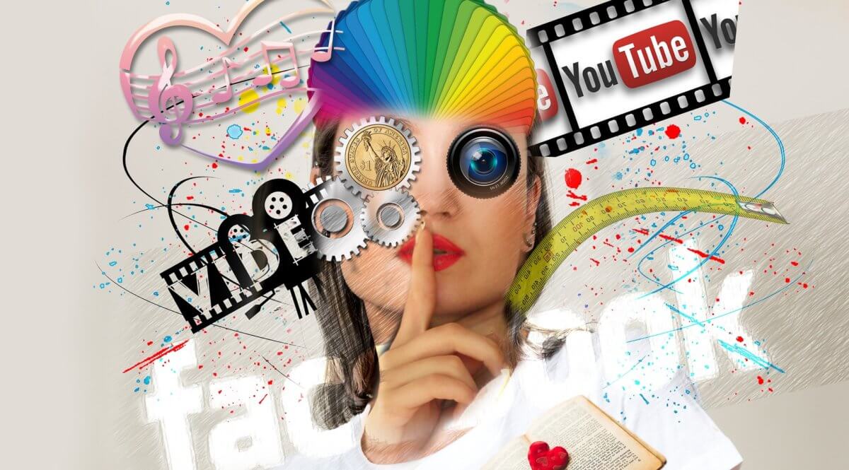 A collage of various social media icons and logos. Main feature is a female presenting person making a whispering gesture. Around her are logos of Facebook, YouTube, and so on.
