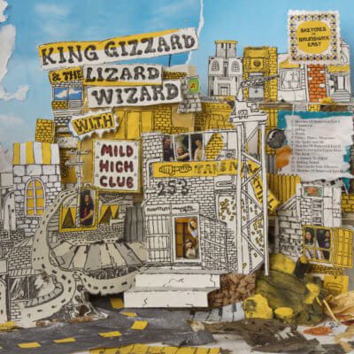 Album cover showing a sketch of a cityscape, with billboards reading 'Kind Gizzard & The Lizard Wizard with Mild High Club' and 'Sketches of Brunswick East'