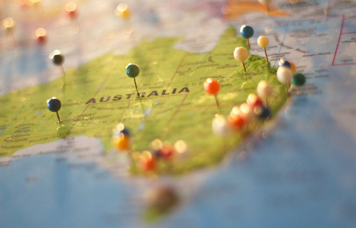 A close up of a map of Australia, with various pins scattered around places of interest.