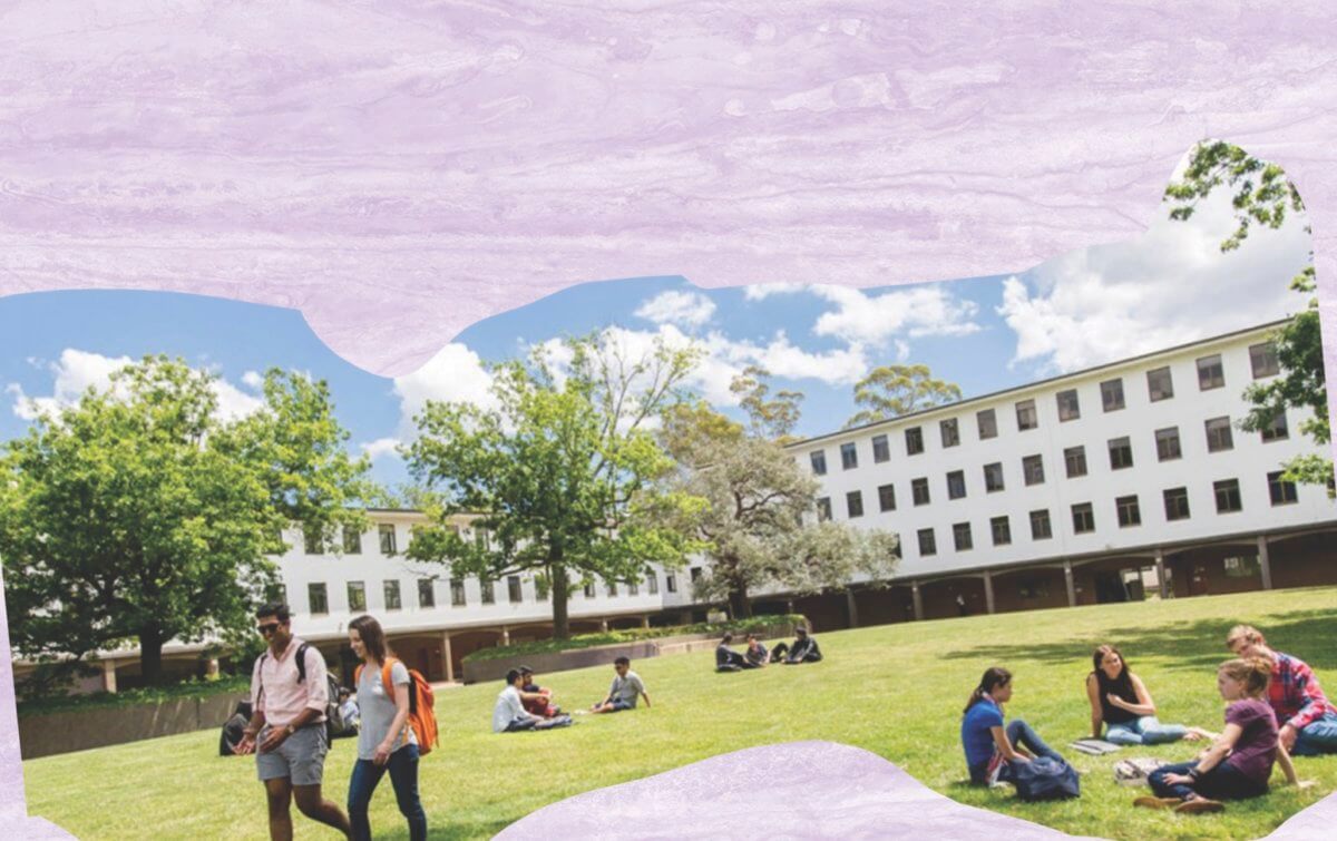 A candid photograph of students on the lawn in front of the ANU law school, roughly cut out and transposed on a purple watercolour background