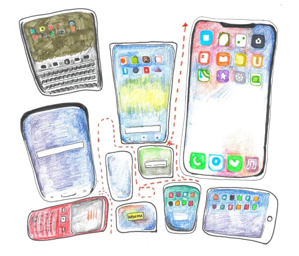 Pencil sketch of various models of mobile phones