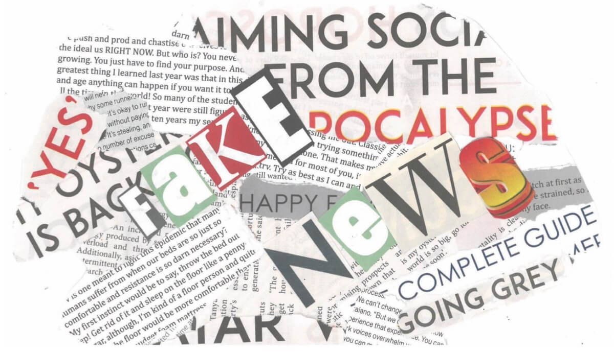 Collage made of news clippings. Various cut out letters read "Fake News"