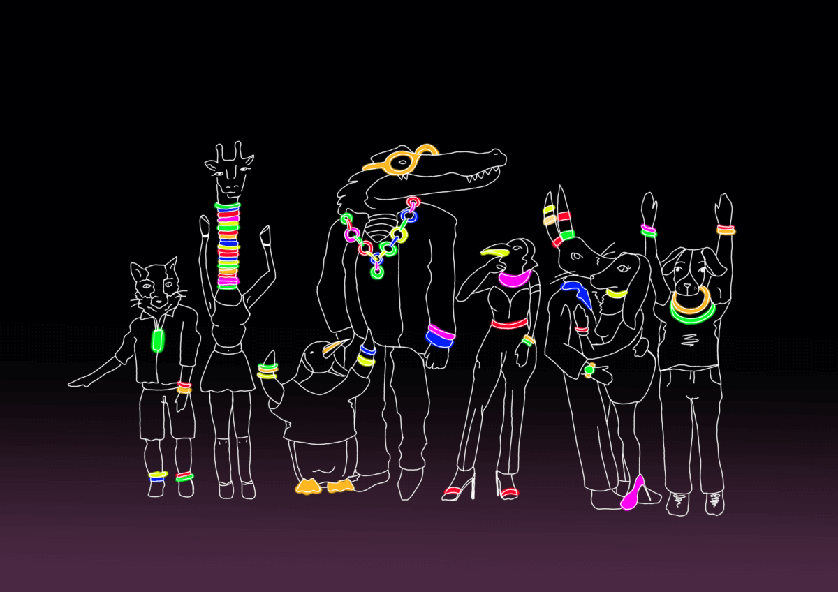 an array of outlines of different animals, wearing glow sticks