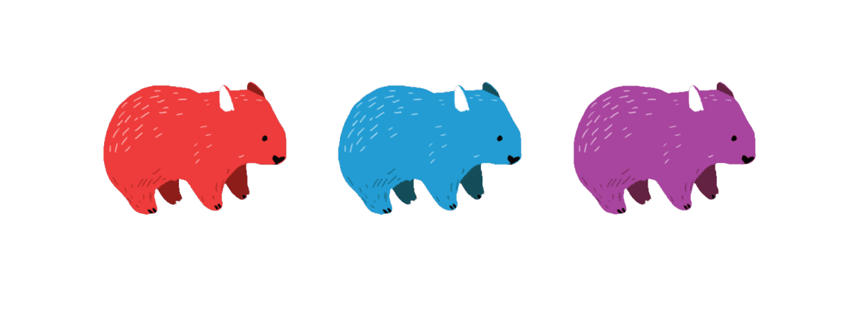 Three wombats: one red, one blue and one purple