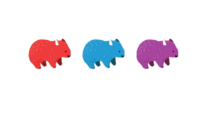Three cartoon wombats in a row; one is red, one is blue and one is purple.