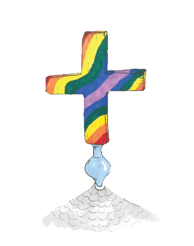 A rainbow coloured church cross