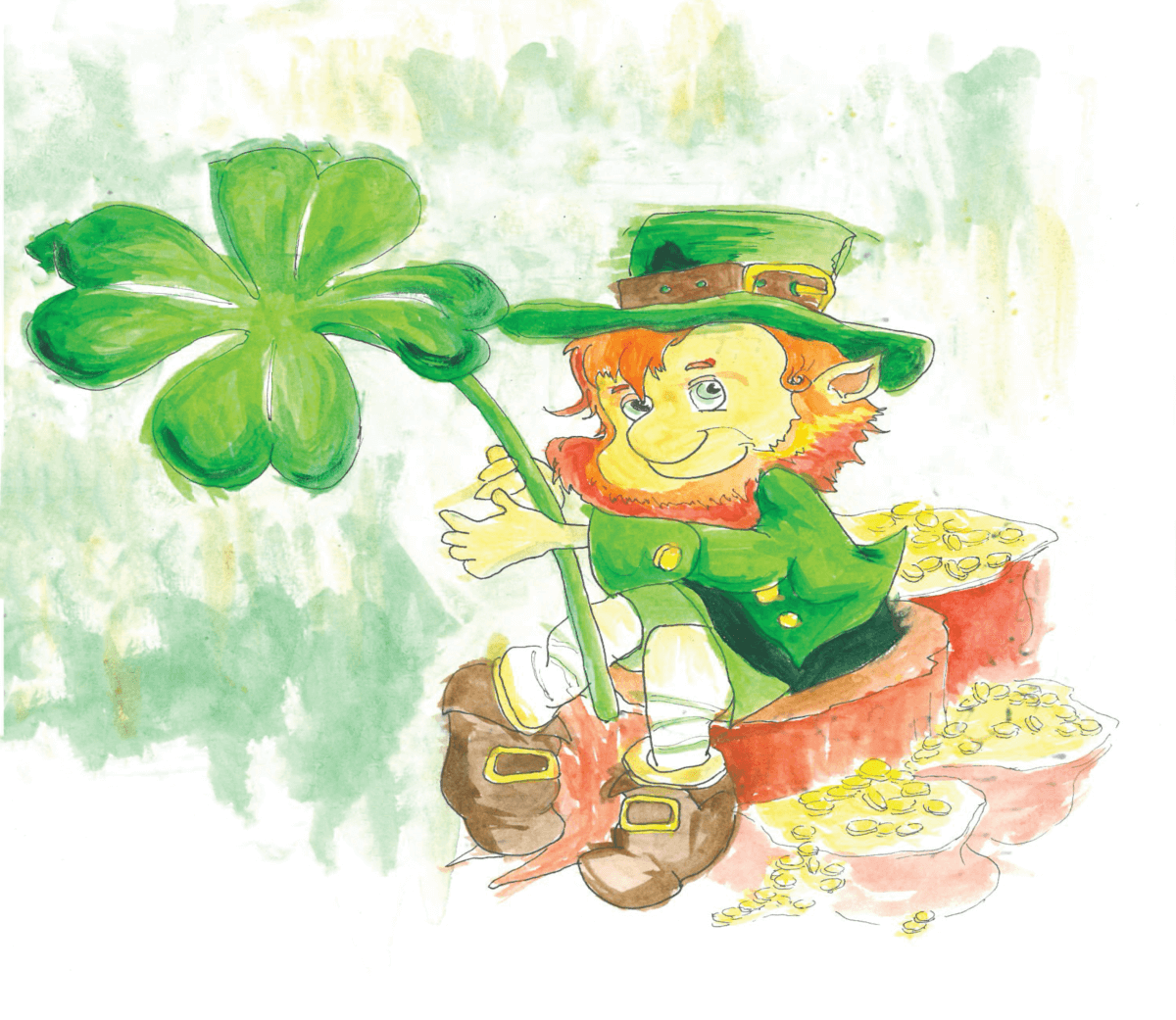 A leprechaun sits with a four leaf clover sitting on a tree stump surrounded by gold coins