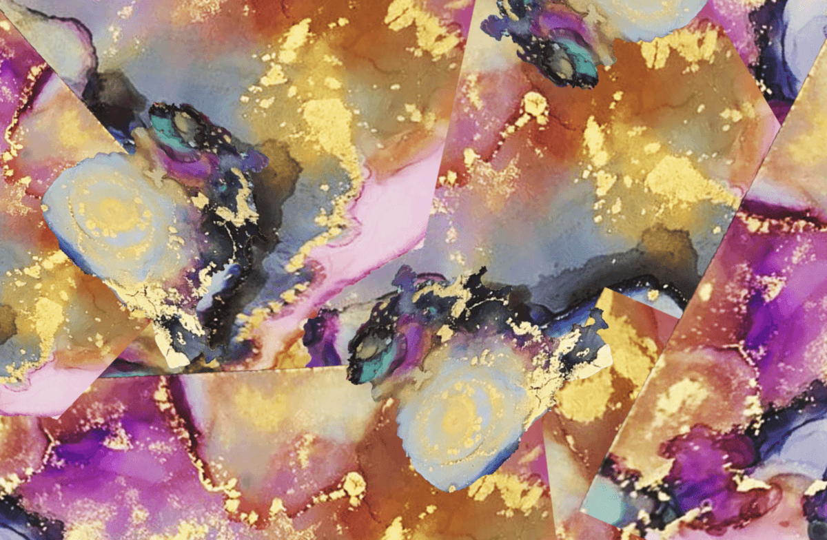 Collage of abstract paintings in pink, gold and earth tones