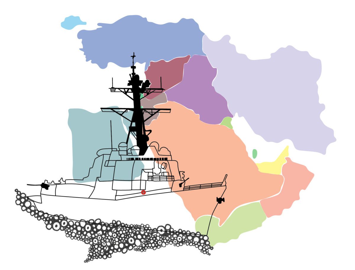 Ship outline with political map of the Middle East in background