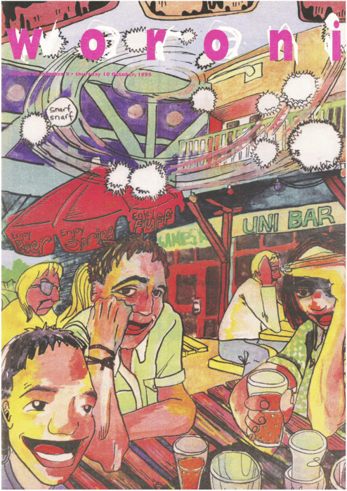 Front page of 'Woroni' from October 1996. Pictured is a colourful artwork of students at ANU Bar
