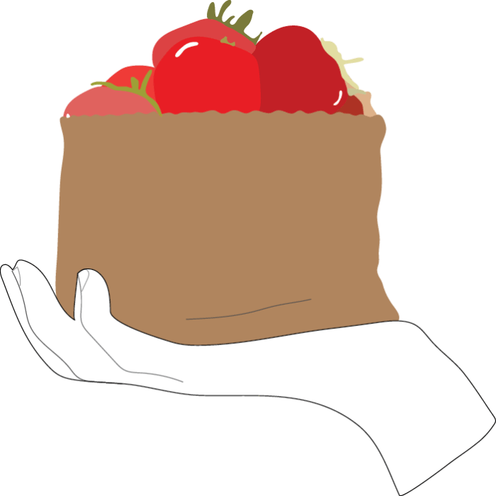 A hand holds a paper bag with red vegetables