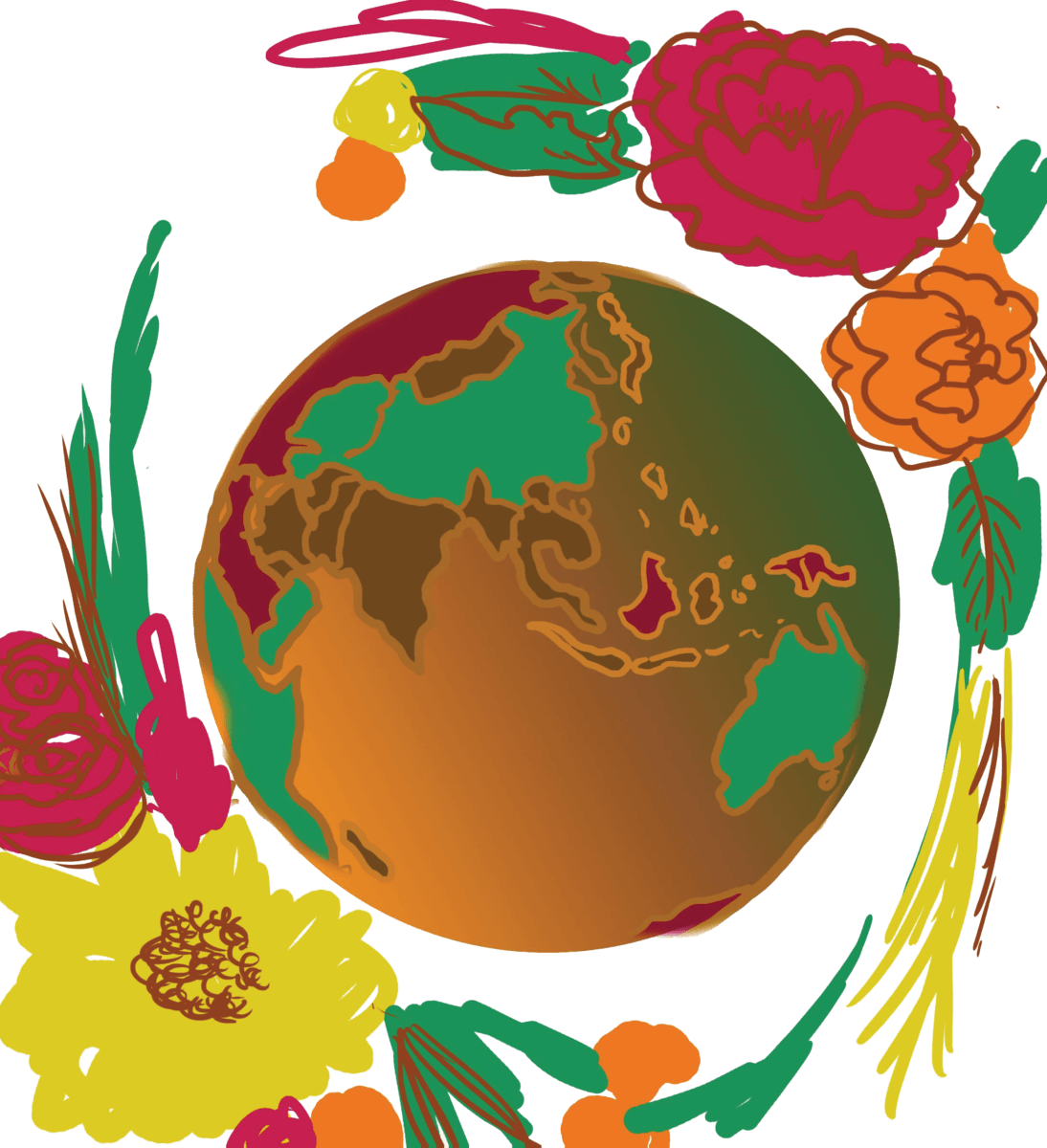 A colourful globe surrounded by flowers