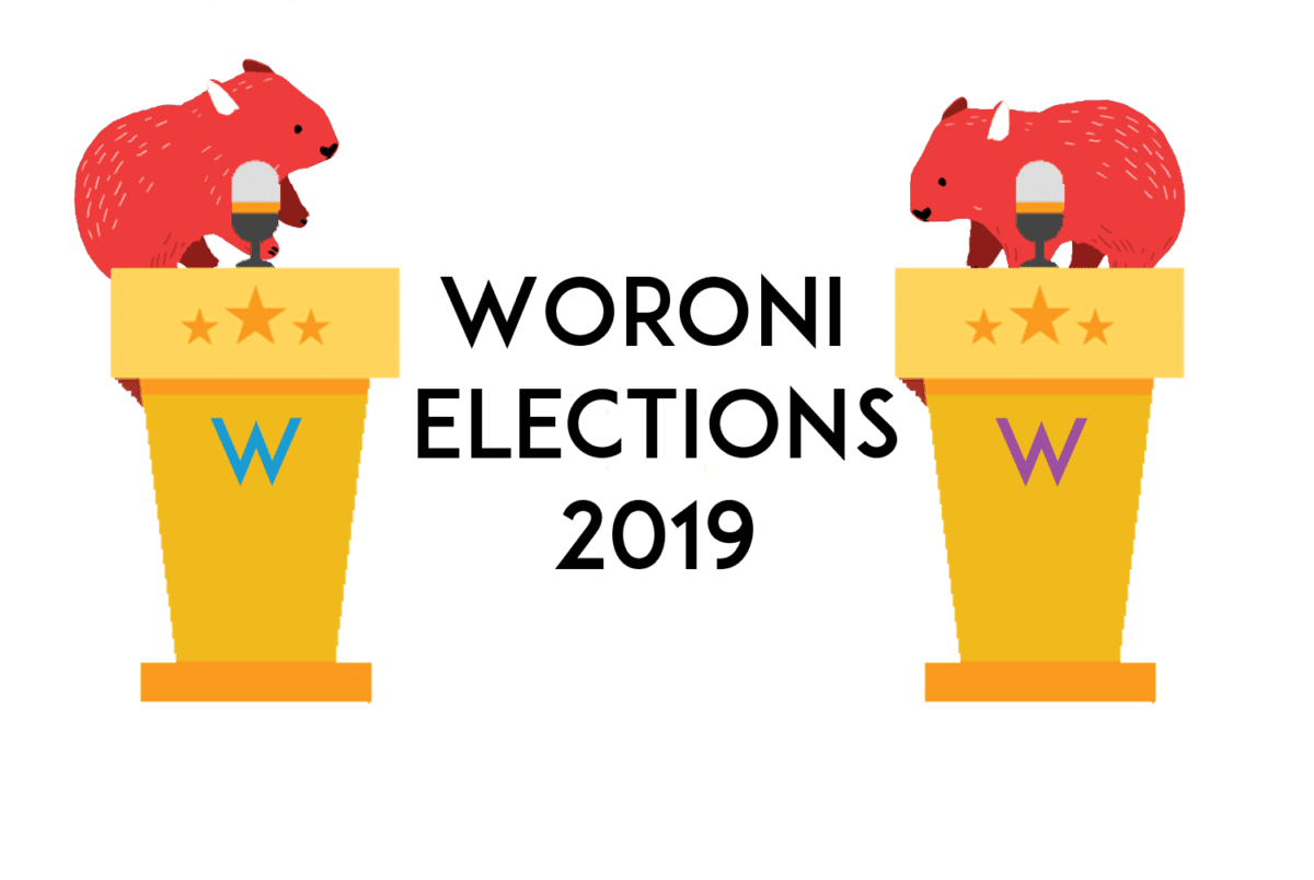 Two red wombats at podiums. The words "Woroni elections 2019" appear between them.