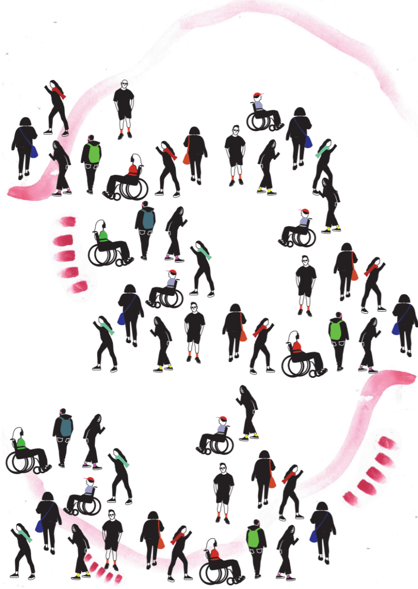 An illustration of people milling around in a crowd. Some are walking, in wheelchairs or with backpacks.