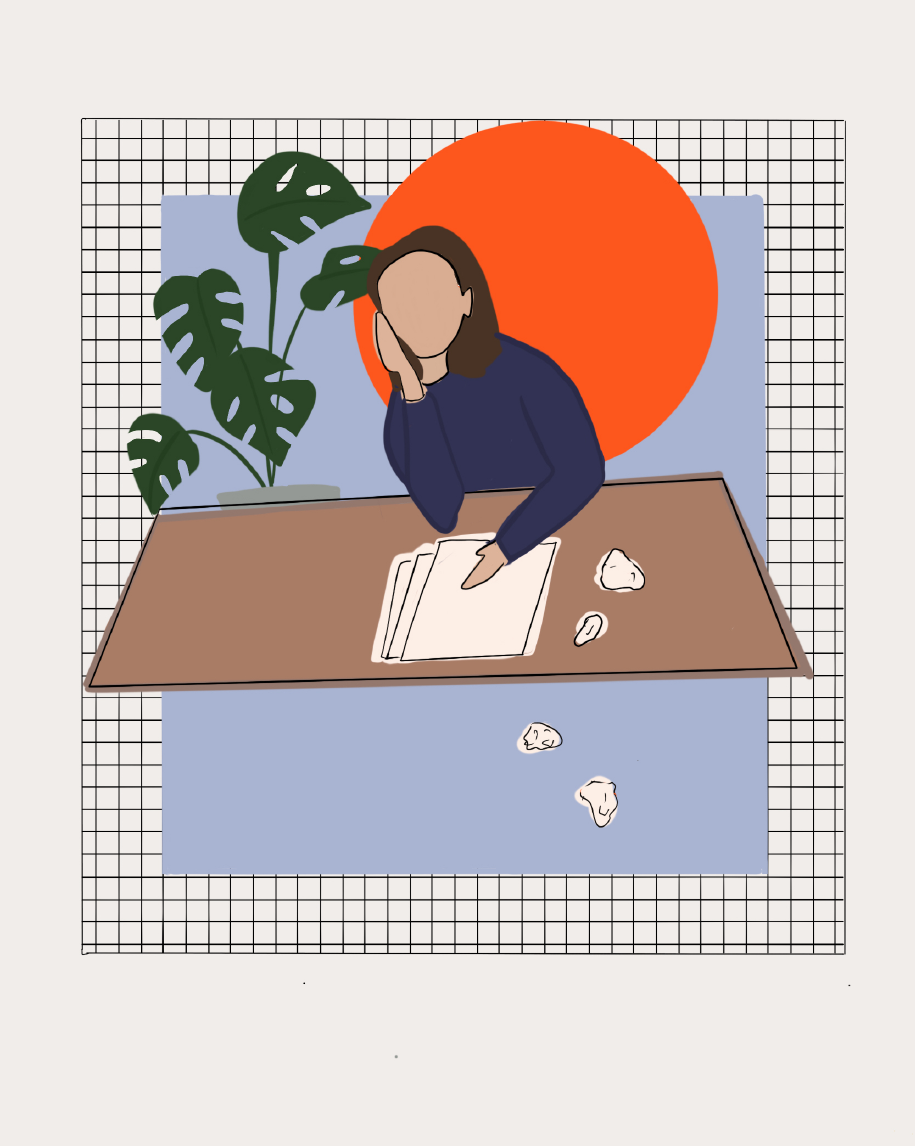 An illustration of a woman sitting at a desk. A green plant is behind her and balls of paper surround her.