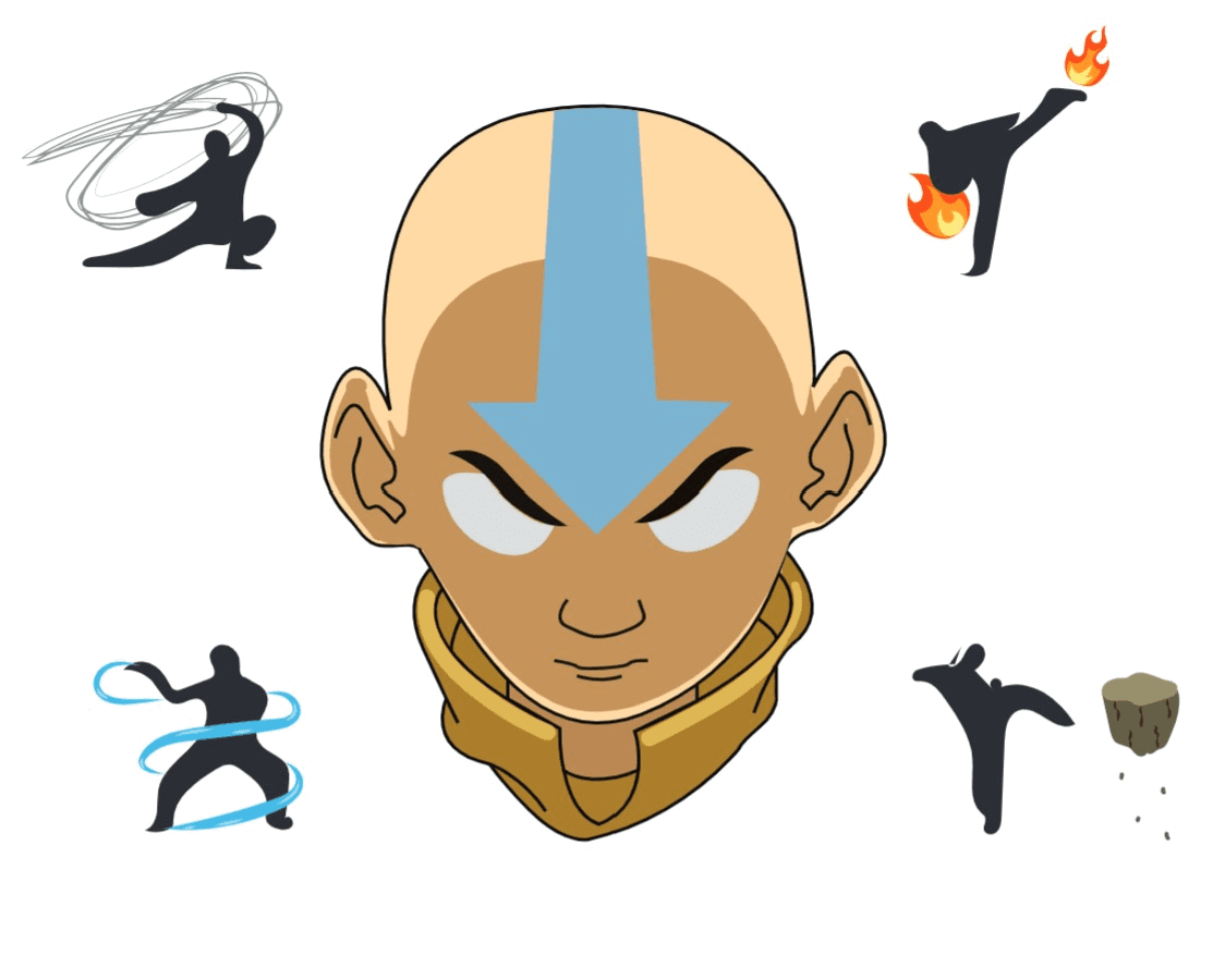 An illustration of Aang in the Avatar state from the show 'Avatar: The Last Airbender'. Around him are other benders manipulating earth, fire, water and air.