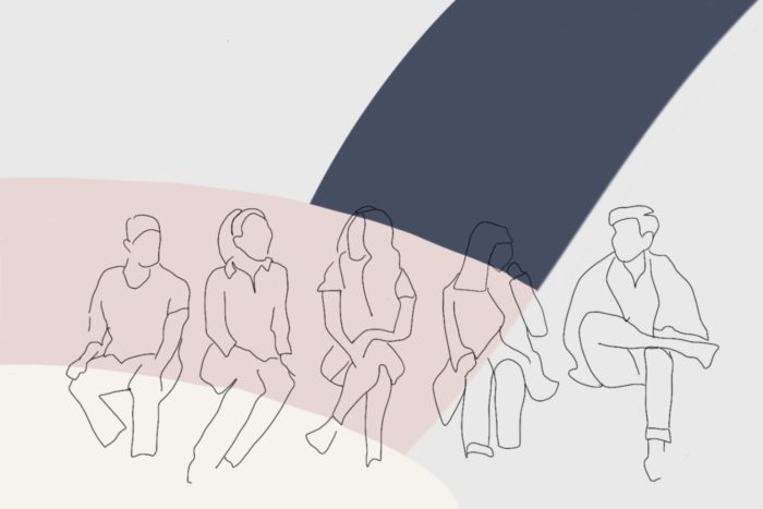 An illustration of outlined figures sitting alongside each other. They foreground pink. white and navy blocks of colour.