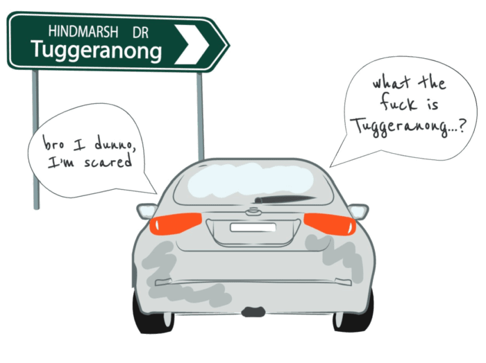 An illustration of a grey car next to a green sign that points to Hindmarsh Drive and Tuggeranong. One person in the car says 'Dude, what the fuck is Tuggeranong?' The other replies 'bro I dunno, I'm scared.'