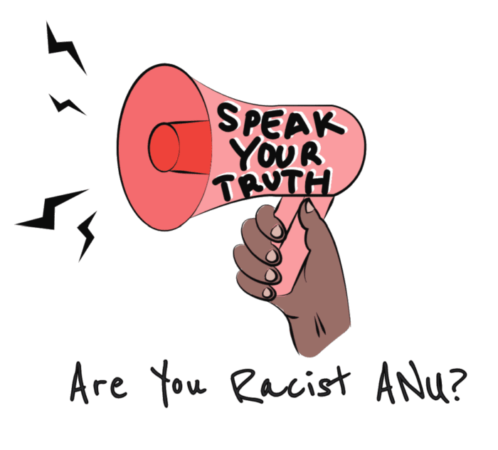 A brown hand holds a pink megaphone with the words Speak Your Truth written on it. Words below it read Are You Racist ANU?