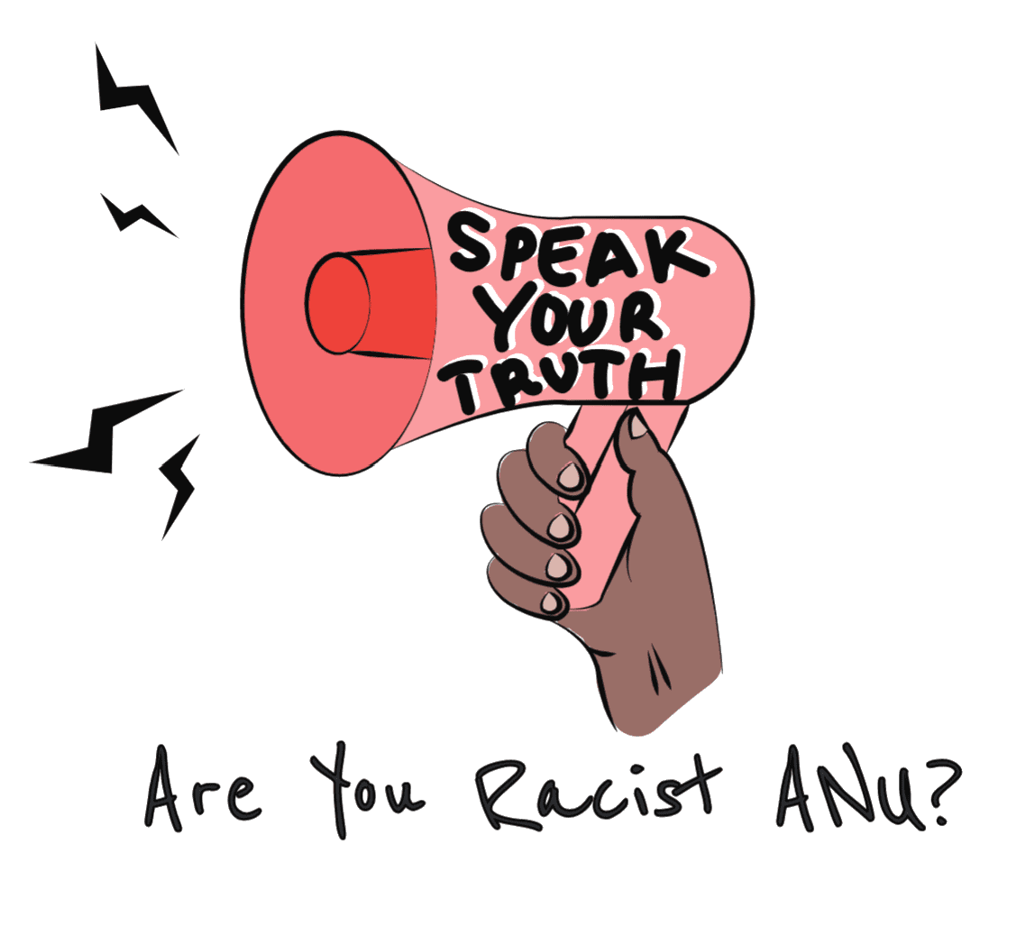 A brown hand holds a pink megaphone with the words Speak Your Truth written on it. Words below it read Are You Racist ANU?