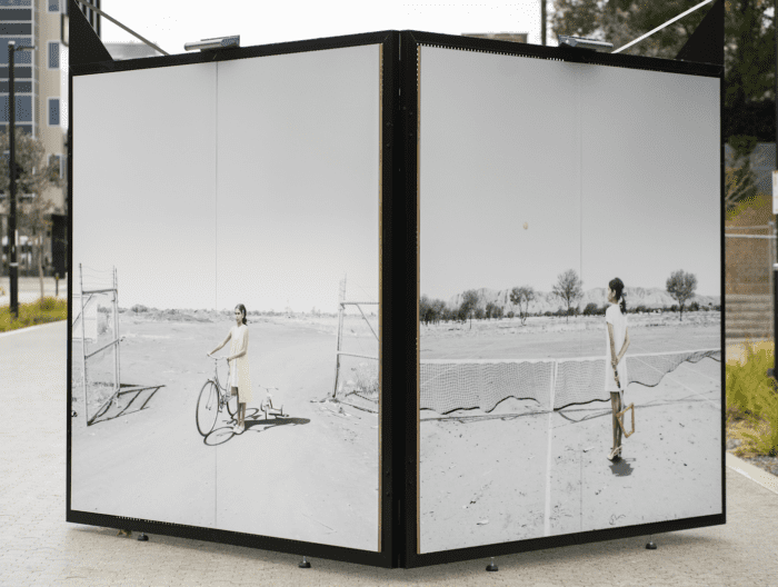 A photograph of Michael Cook's work in its large cube for the exhibition 'Where I Stand'