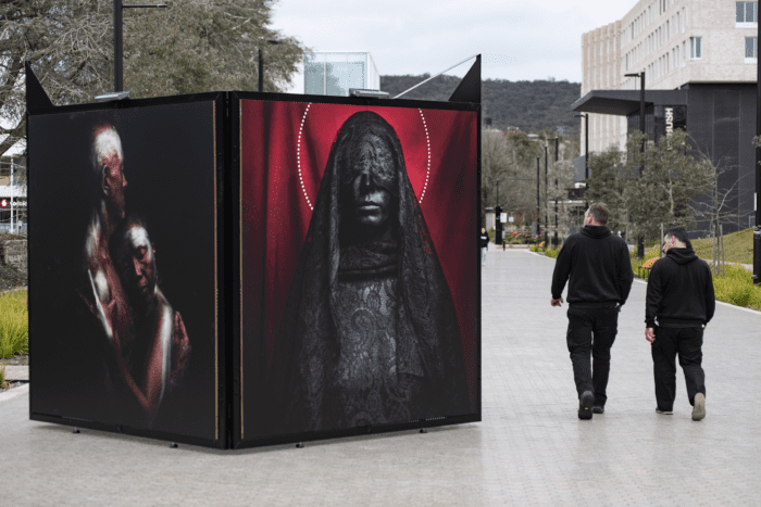 A photograph of Michael Jalaru Torres' work in its large cube for the exhibition 'Where I Stand'